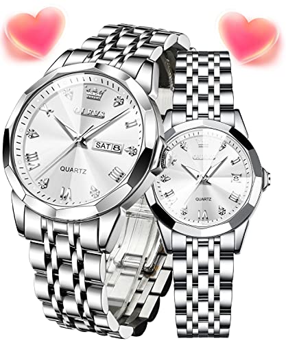 OLEVS Valentine's Day His and Her Couple Watches Fashion Dresse Matching Watches Quartz White Face White Stainless Steel Strap Luminous Waterproof Wrist Watch