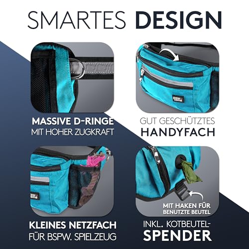 PAWZONE Futterbeutel Hunde - Leckerlibeutel für Hunde - Bauchtasche für Hunde Zubehör - Leckerlitasche für Hunde - Inkl. Reflektorband & Zusatzgurt für Flexileine (Azurblau)