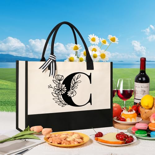 Image of Tecanne Personalized Initial Canvas Tote Bag, Suitable for Birthday, Wedding, Beach, Holiday, Gifts for Women, Mom, Teachers, Nurses, Best Friends, Bridesmaids (C)