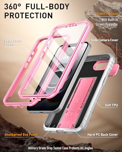 Image of Poetic Revolution Case for iPhone 16e 6.1 inch, [Slide Camera Cover], Full-Body Military Grade Rugged Shockproof Cover with Kickstand and Built-in-Screen Protector, Pink