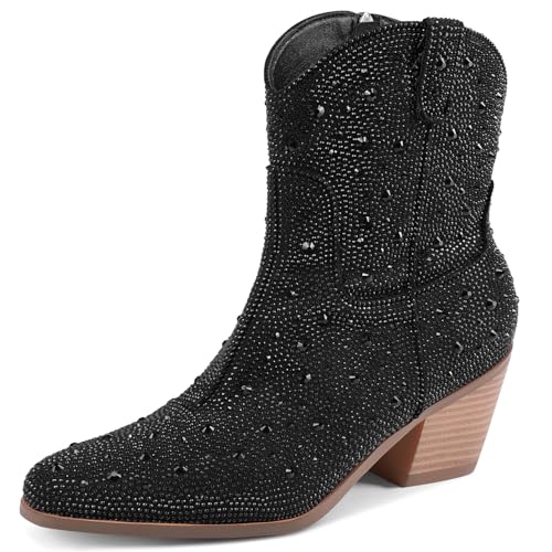 Image of Cowgirl Ankle Boots Cowboy Boots for Women Western Booties Rhinestone Chunky Heel Fashion Comfortable Side Zipper