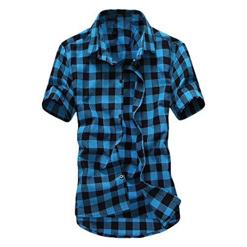 Rovinci_Mens Shirt Checked Short Sleeve Slim Fit Shirt Plaid Button Down Casual Shirt Lattice Painting Large Size Short Sleeve Casual Top Blouse Shirts Sky Blue