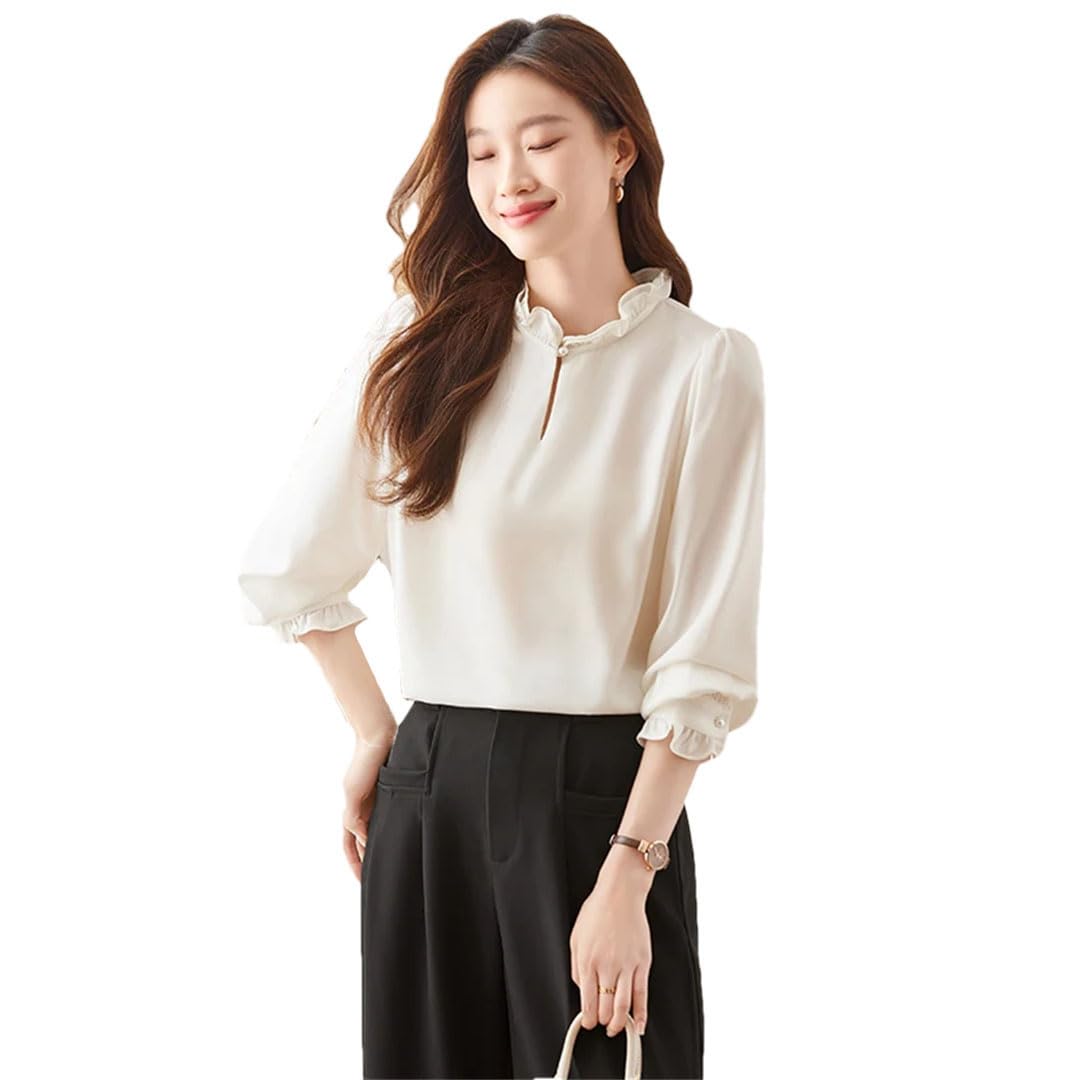 Blusas de satén con cuello de volantes para mujer, elegantes, con un solo botón, transpirables, de manga larga
