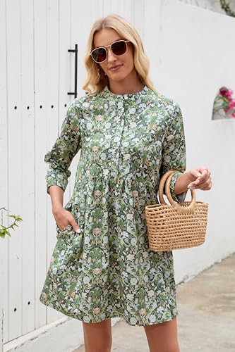 Image of EZAPINE Floral Dress for Women 3 /4 Sleeve Shift Boho Cotton Shirt Dresses | Button Up,Summer,Mini,Above Knee,Casual,for Picnic,Vacation