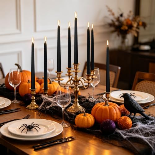 Image of Wondise Halloween Black Flameless Taper Candles with 2 Remote & Timer | Waxy 10 Pack Candles Battery Operated LED Candles with 3D Wick Flickering for Halloween Table Decorations