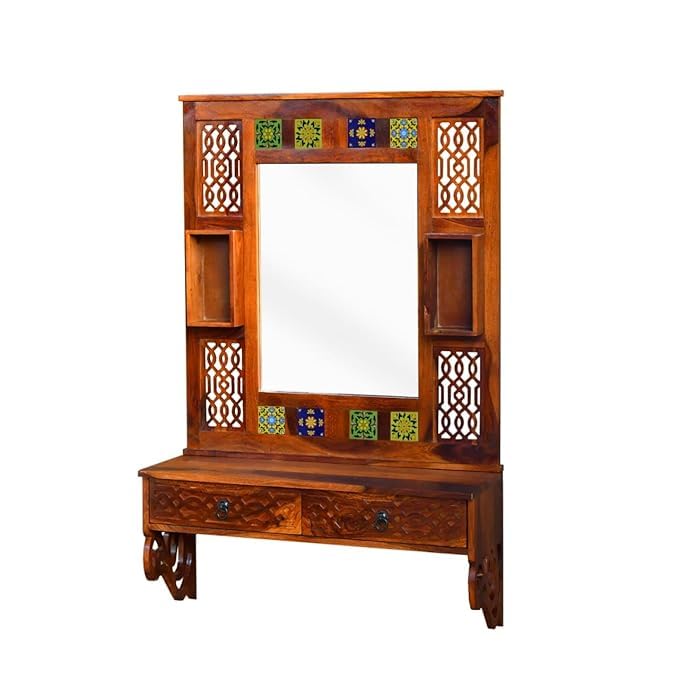 Image of Sheesham Wood Full-Length Dressing Mirror with 2 Drawers | Compact Decorative Standing & Wall Hanging Mirror for Bedroom, Hallway, Entryway | Natural Honey Finish Wooden Frame
