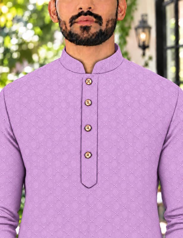 Image of Men's Lakhnawi Chikankari Kurta Set Cotton Ethnic Kurta Pajama for Men Wedding Festive Designer Indian Outfit Stylish Embroidered Kurta Set