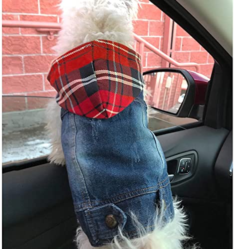 Pet Dog Cat Clothes Jeans Jacket With Hat Puppy Denim Jumpsuits Hooded Grey Hat Vest Hoodie Coats Classic One-Piece Cat Outfits Vests For Small Medium Dogs (Red Checkered, Xl) #TOP4