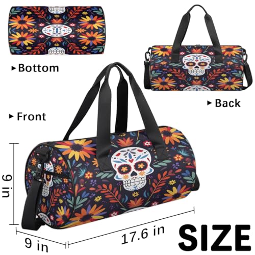 Skull Flower Leaf Travel Gym Bag Waterproof Sport Dance Bag for Women Men Portable Gymnastics Duffel Bags Canvas Tote Carry on Handbag for Workout Overnight Weekender3