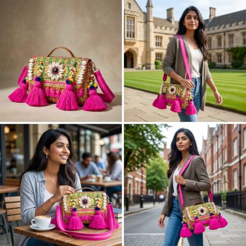 Image of MOMISY Handicraft Handmade Cotton Ethnic Rajasthani Embroidered Banjara Bags for Women Sling Clutch with Handle Purses for Ladies Girls