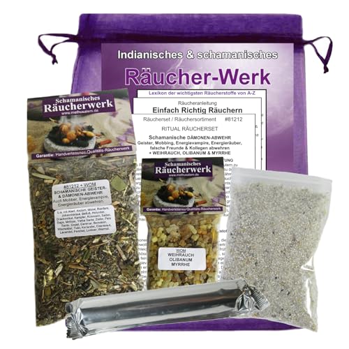 Räuchern gegen GEISTER- & DÄMONEN mit Weihrauch, Myrrhe, 6-tlg Räucherset: Negative Energie, Mobber, Energievampire, Energieräuber abwehren. Räuchermischung mit RÄUCHERZUBEHÖR, Räucheranleitung. 81212