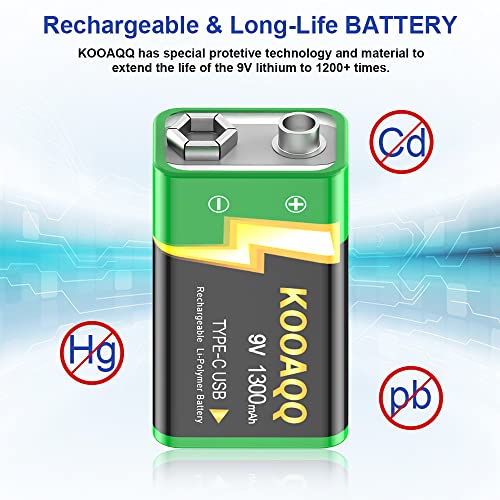 Image of 1-Pack Rechargeable 9v Batteries, USB-C Recharge 1300mAh 9 Volt Lithium-ion Long Lasting Power for SmokAlarms, Microphones, Multimeters, Walkie-Talkie, Metal Detector, Toys, with 2 in 1 Charging Cable