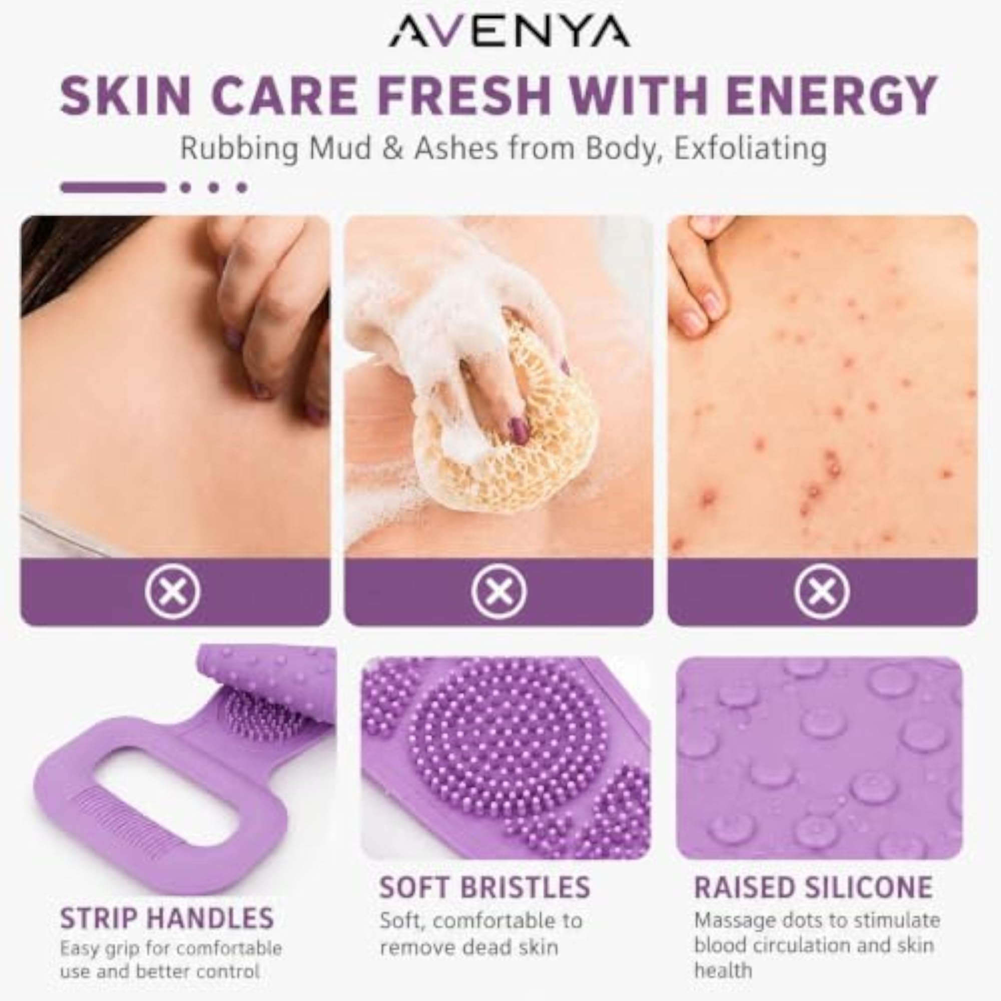 Avenya Silicone Body Back Scrubber, Double-Sided