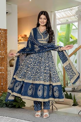 Image of Pistaa's Women's Pure Cotton Anarkali Floral Printed Hand Work Kurta with Pant & Dupatta Set