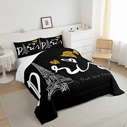 Erosebridal Paris Bedroom Comforter Set Eiffel Tower Bedding Comforters & Sets Romantic Themed Duvet Set Gold Sequin Heart Decor Bedding 2Pcs, Microfiber All-Season Quilt Set Twin Size For Girls Boys #TOP3