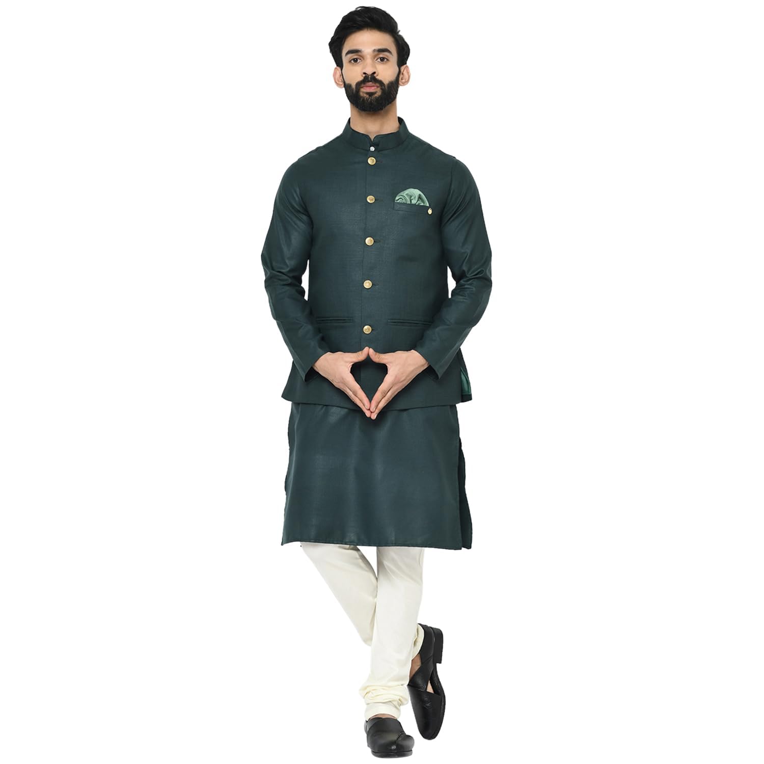 Kisah Men Green Off-White Solid Kurta With Churidar Jacket, Full Sleaves, Knee Length, Straight, Regular Fit, Mandarin Collar Ethnic Wear