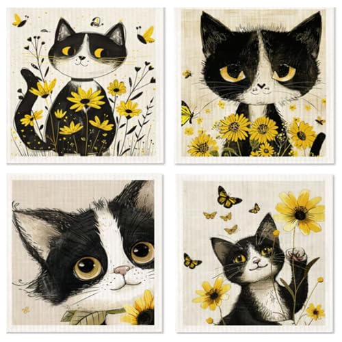 Morigins Cat Swedish Dishcloths for Kitchen Dish Towels,Cellulose Sponge Cloths,Non Scratch Reusable Paper Towels, Biodegradable and Reusable Kitchen Dish Rags