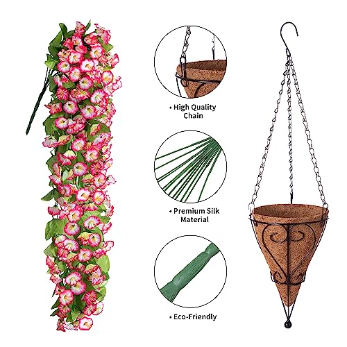 Artificial Flowers Hanging Basket Planter, Fake Plant, Silk Morning Glory Long Branches Stems, Faux Orchid Flower Arrangement For Outdoor Garden Yard Pouch Patio Indoor Home Decoration (Pink) #TOP3