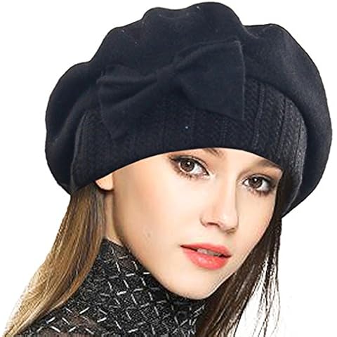 VECRY Lady French Beret 100% Wool Beret Dress Beanie Winter Hat (Black) Cover