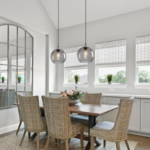 Image of Light Grey Glass Pendant Lights Kitchen Island Lighting Globe Pendant Light Fixtures Modern Pendant Lighting for Bedroom Living Dining Room Light Fixture (7.87 in, 1 Pack)