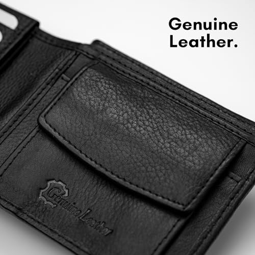 Image of Black Genuine Leather Wallet for Men with RFID Blocking | 6 Card Slots, Coin Pocket | Bi-Fold Design
