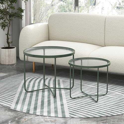 Round Side Table Set of 2, Tempered Glass End Table, Round Folding Side Table, Modern Accent Table, Small Coffee Table for Living Room Bedroom Small Space(Gteen)