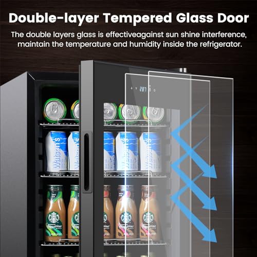 17 Inch Freestanding Beverage Refrigerator Cooler, 96 Cans Mini Fridge with Glass Door, Removable Shelves for Soda, Water, Beer or Wine, Small Drink Refrigerator for Home Office Bar