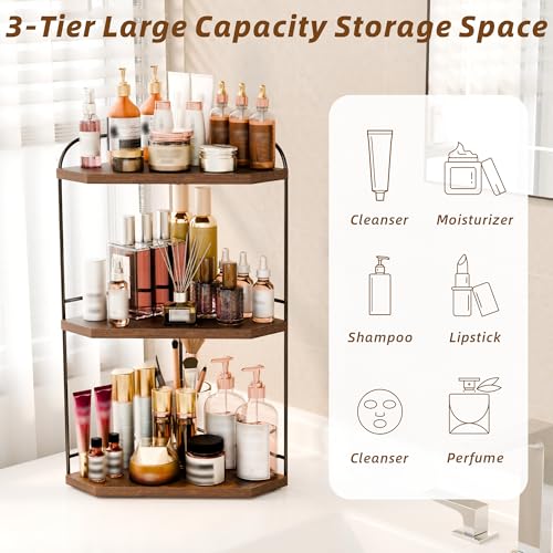 Image of Corner Bathroom Counter Organizer, 3-Tier Wood Countertop Organizer for Perfume, Makeup Storage, Skincare Organizers for Vanity, Counter Corner Shelf for Kitchen, Bathroom, Dresser (Rustic Brown)