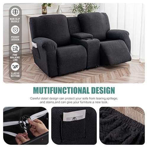 Image of Genina Recliner Loveseat Covers with Console, Stretch Reclining Sofa Covers, 2 Seater Couch Cushion Stripe Jacquard Recliner Slipcovers - Furniture Protector Covers for Pet(Black)