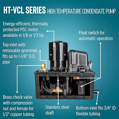 Image of Little Giant HT-VCL-30-P 1 /8 HP, 115 Volt, 350 GPH, 32-Ft. Shutoff, High Temperature Plenum Condensate Pump with 14-Ft. Lead Wires, Black, 553130101