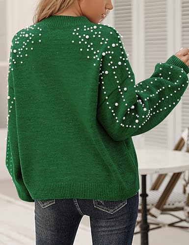 Image of Blooming Jelly Women's Chunky Sweater Crewneck Sweatshirt Knit Lantern Sleeve Oversized Pullover Sweater with Pearls