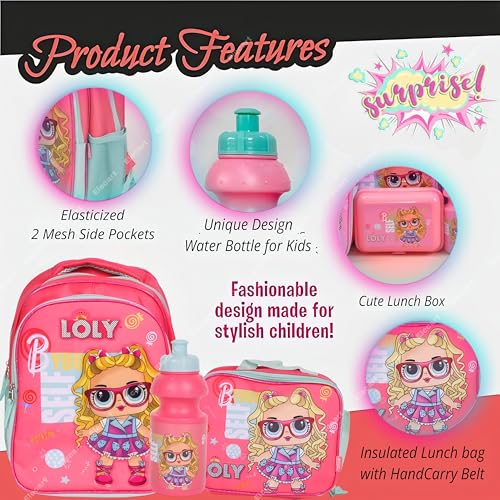 Image of School Bag Combo Set for Girls - 5 in 1 Back to School Hamper with Backpack, Lunch Bag, Tiffin Box, Water Bottle & Pencil Pouch - Complete School Essentials Gift Set for Kids (Loly-Pink)