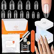 modelones X Nail Gel Kit Medium Almond, 9-in-One Nail Glue with Mini UV Light 216Pcs 12Sizes Pre-Etched Press ons Fake Acrylic Extension Kit DIY Salon Gift