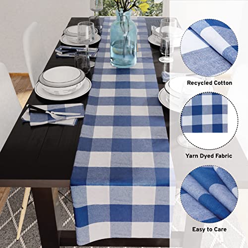 Encasa Homes Table Runner For 8-Seater Dining - Buffalo Blue Checks - 13"X104" - Rustic Farmhouse Decor Eco-Friendly Cotton, Decorative Homespun Plaid Cloth For Party, Restaurant & Outdoors #TOP1