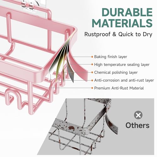 Image of Veken Large Capacity Shower Caddy 6-Pack, No Drilling & Rustproof, Adhesive Shower Shelves with Soap Holder, Bathroom Organizers and Storage, Wall-Mounted Kitchen & Home Decor, Pink