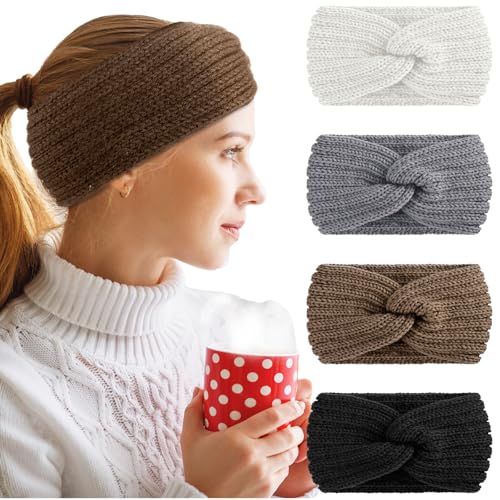 Image of TecUnite 4 Pieces Winter Headbands for Women Knit Winter Warm Ear Muffs Thick Crochet Head Wrap Stocking Stuffers Gifts