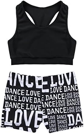MSemis Girls' Kids 2-Piece Active Set Dance Sport Outfits Racer Back Top and Booty Short Gymnastics Dancing Clothes Black 7-8