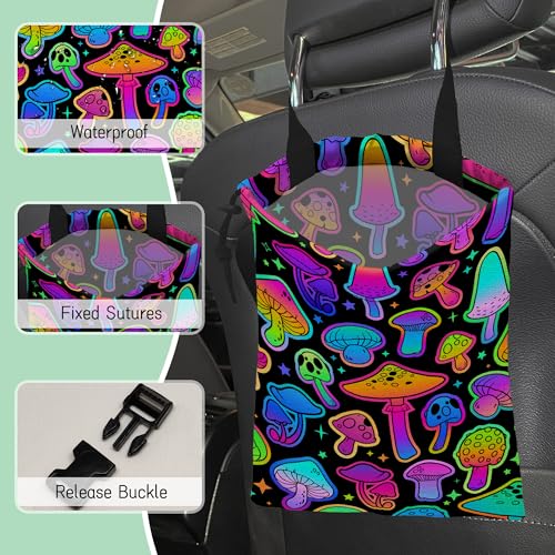 Image of Bright Mushrooms Car Garbage Bag,Colorful Mushroom Waterproof Small Car Trash Bag Hanging Back of Seat,Drawstring Hanging Car Trash Bag with Adjustable Buckle for Car Accessories