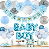 Ouddy Party Blue Baby Shower Decorations for Boy with Its a Boy Banner, Baby Boy Letter Metallic Blue Gray Silver Balloon Paper Pom Poms Honeycomb Ball for Boy Baby Shower Gender Reveal Party Supplies