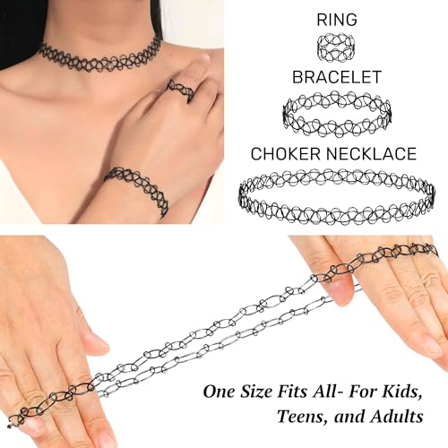 BodyJ4You 3PC Tattoo Choker Set Necklace Bracelet Ring - 90s Necklace 2000s Y2K Fashion Vintage - Stretchy Elastic Neck Lace Women's - Gothic Black Multicolor Rainbow - Classic Fashion Trend2