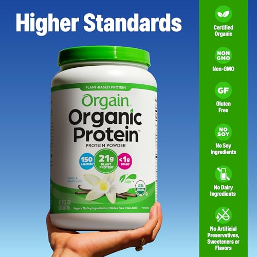 orgain organic vegan protein powder vanilla bean - 21g plant protein 6g prebiotic fiber no lactose ingredients no added sugar non-gmo for shakes amp smoothies 203 lb packaging may vary