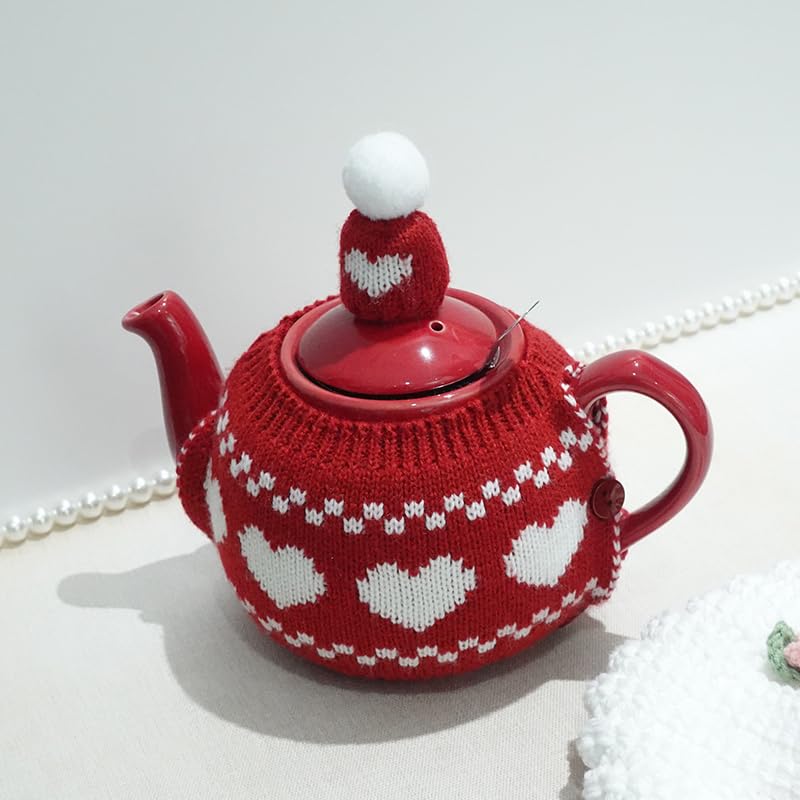 Image of British Hand Knit Teapot Cosy, Detachable Lid & Body Acrylic Insulated Sleeve with Buttons, Thermal Cover for 4 Cup 34-40oz Teapots, Hot & Cold Retention, 4 Styles Option，red