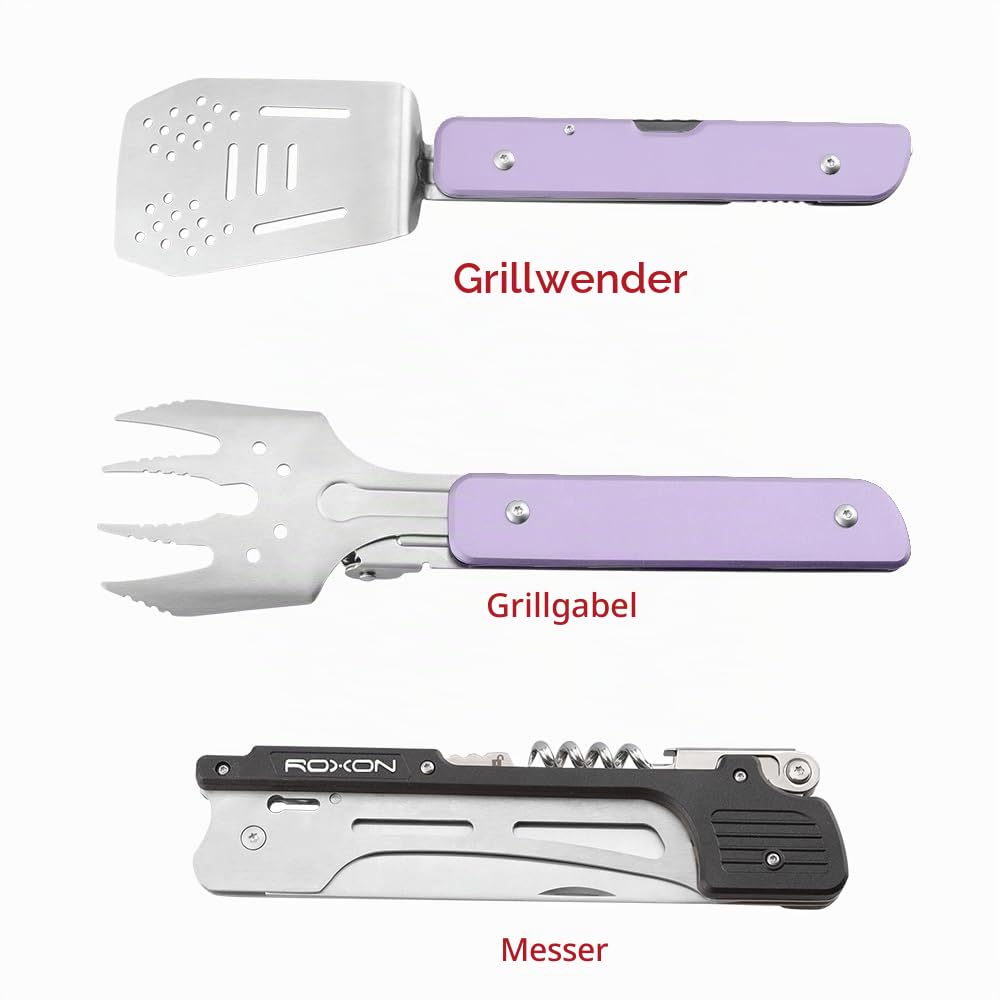 ROXON S601 14" 6 in 1 MBT3 Folding Grill Utensils Set | Fork Spatula Grilling Knife Tongs Opener for Backyard Barbecue and Camping (Lila)