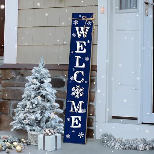 Christmas Porch Sign Xmas Snowflake Welcome Sign Vertical Standing Sign For Front Porch Decor Farmhouse Wall Hanging for Patio Yard Party Indoor Outdoor Winter Holiday Decoration 47.2"H Blue