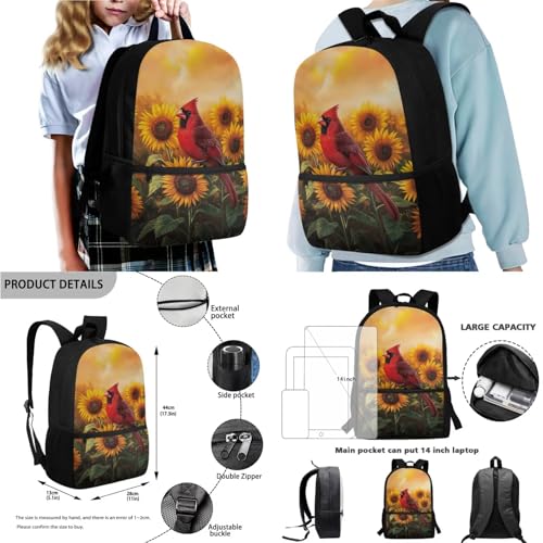 Cardinal Sunflower Print Backpacks School Bag Set with Lunch Box Pencil Bag and Water Bottle Holder, 4 Pcs Set Bookbag Travel Daypack Laptop Backpack for Kids Girls Boys2