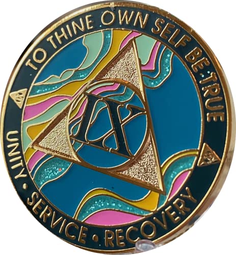 9 Year AA Medallion Elegant Marble Tahiti Teal Blue and Pink Gold Plated Chip