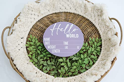 Image of Baby Announcement Sign for Newborn Boys and Girls (Color Bases) - Hello World Nursery Decor Sign & Photo Prop for Babies Made of Birch Wood - 6 inch Circle Board (Purple)