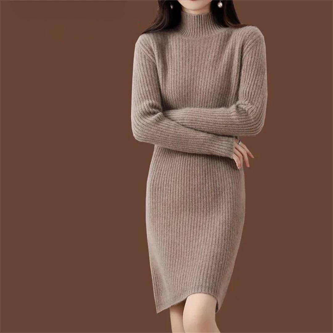 SAeWare Abito da donna in lana tinta unita autunno inverno spesso mezzo maglione avvolgente in maglia calda e morbida, marrone chiaro scuro-M