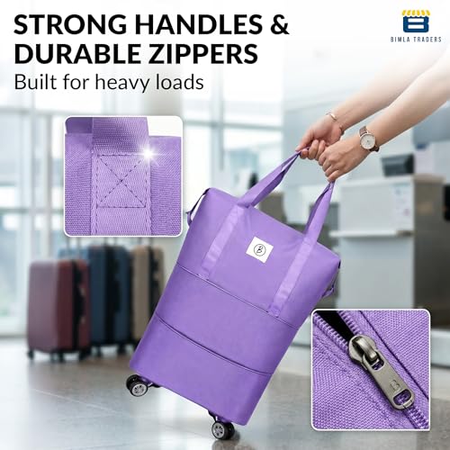 Image of Btag Travel Duffle Bag with Wheels |Convertible Handbag, Trolley & Shoulder Luggage for Clothes |Space-Saving Foldable Travel Companion |Expandable & Waterproof Traveling Bag for Unisex (Light Purple)