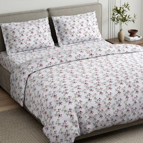 Image of Haus & Kinder Double Bed Bedsheet for Queen Size Bed with 2 Pillow Covers 90 Inch x 100 Inch | Premium Soft & Silky Pure Cotton 144 TC Flat Double Bedsheet | Belle Fleur Red